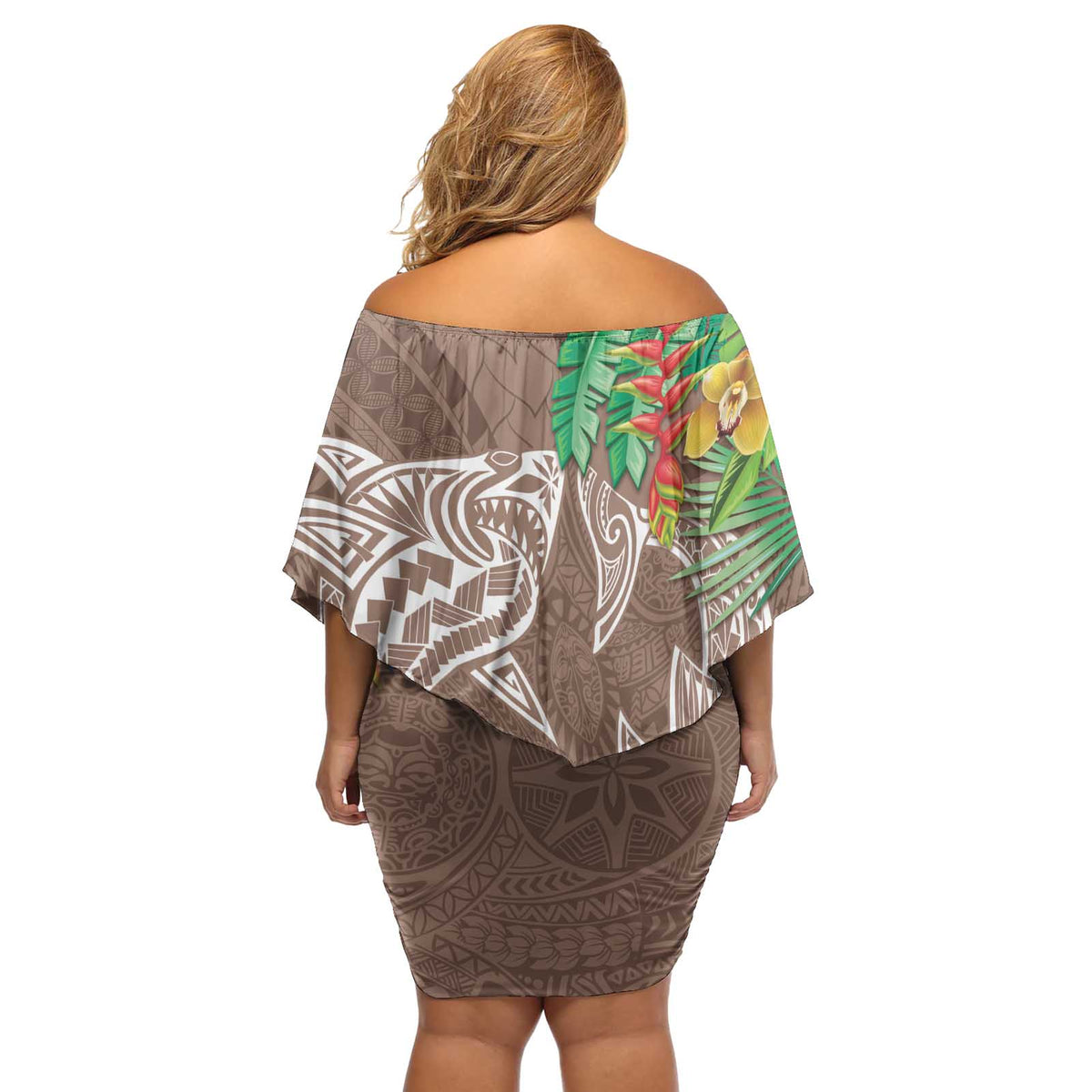 Polynesia Off Shoulder Short Dress Sharks Duo Tropical Brown LT7 - Polynesian Pride
