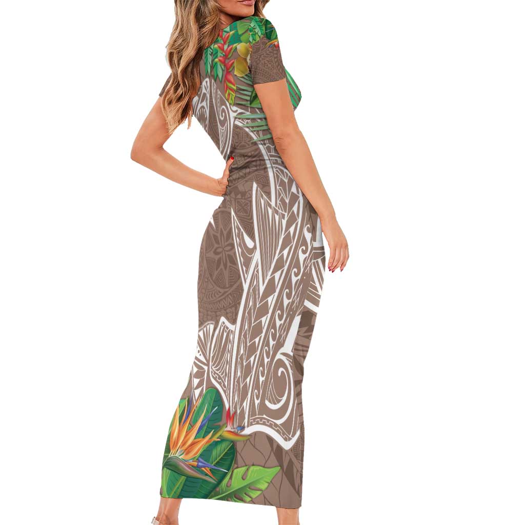 Polynesia Short Sleeve Bodycon Dress Sharks Duo Tropical Brown