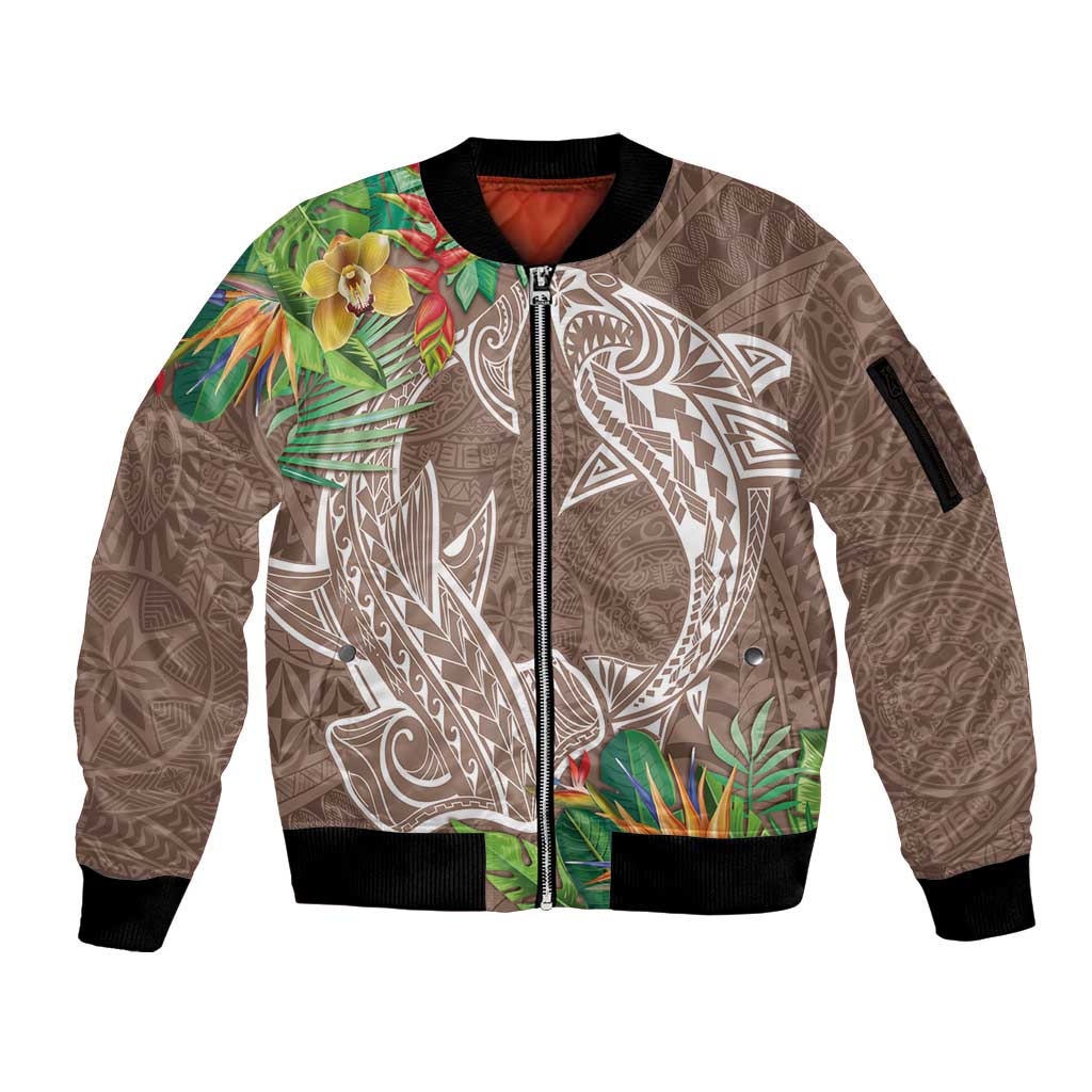 Polynesia Sleeve Zip Bomber Jacket Sharks Duo Tropical Brown