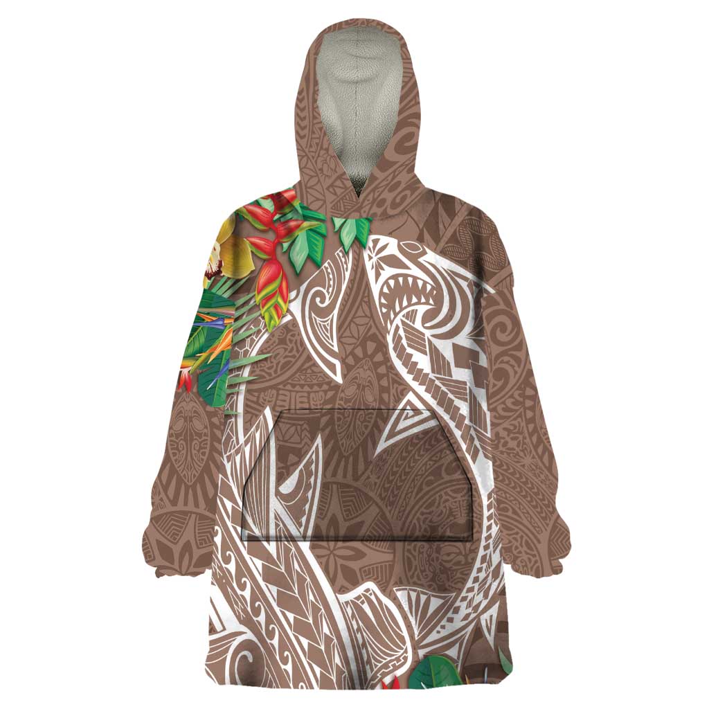Polynesia Wearable Blanket Hoodie Sharks Duo Tropical Brown LT7 One Size Brown - Polynesian Pride