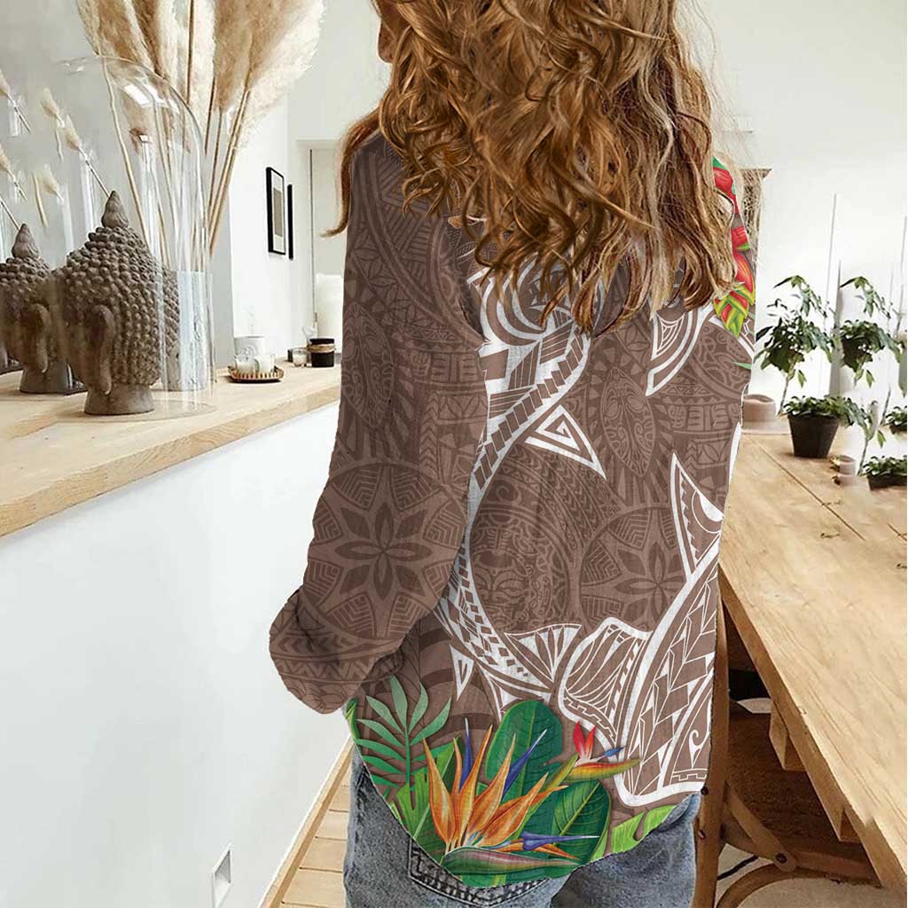 Polynesia Women Casual Shirt Sharks Duo Tropical Brown