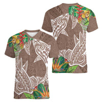 Polynesia Women V-Neck T-Shirt Sharks Duo Tropical Brown