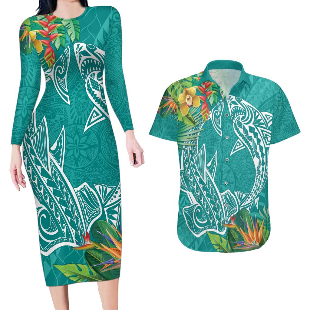 Polynesia Couples Matching Long Sleeve Bodycon Dress and Hawaiian Shirt Sharks Duo Tropical Teal