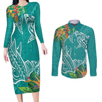 Polynesia Couples Matching Long Sleeve Bodycon Dress and Long Sleeve Button Shirt Sharks Duo Tropical Teal LT7 Teal - Polynesian Pride