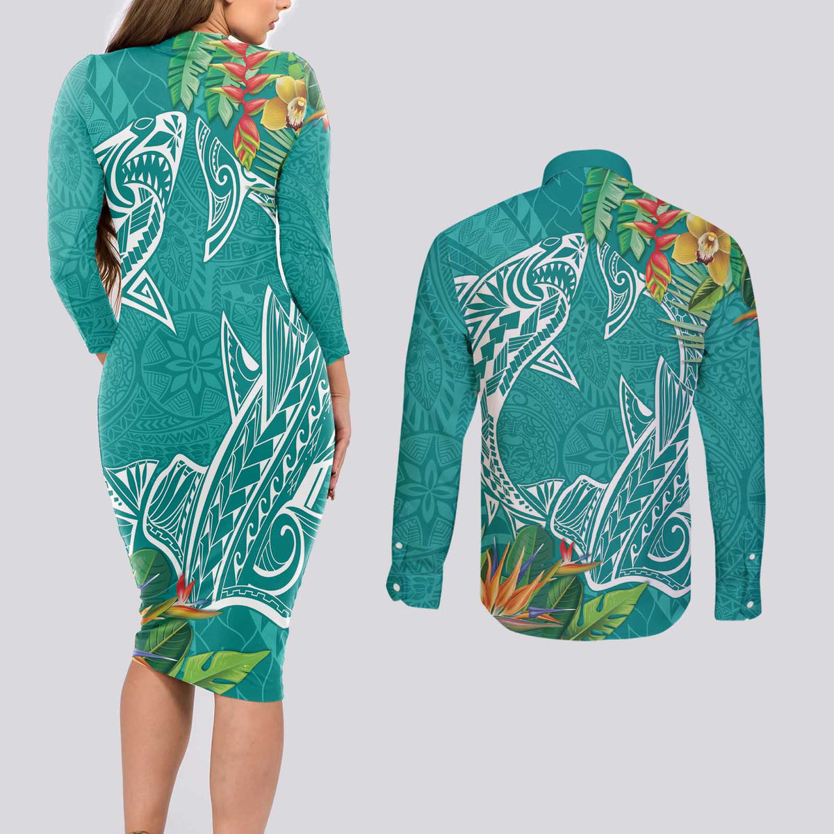 Polynesia Couples Matching Long Sleeve Bodycon Dress and Long Sleeve Button Shirt Sharks Duo Tropical Teal LT7 - Polynesian Pride