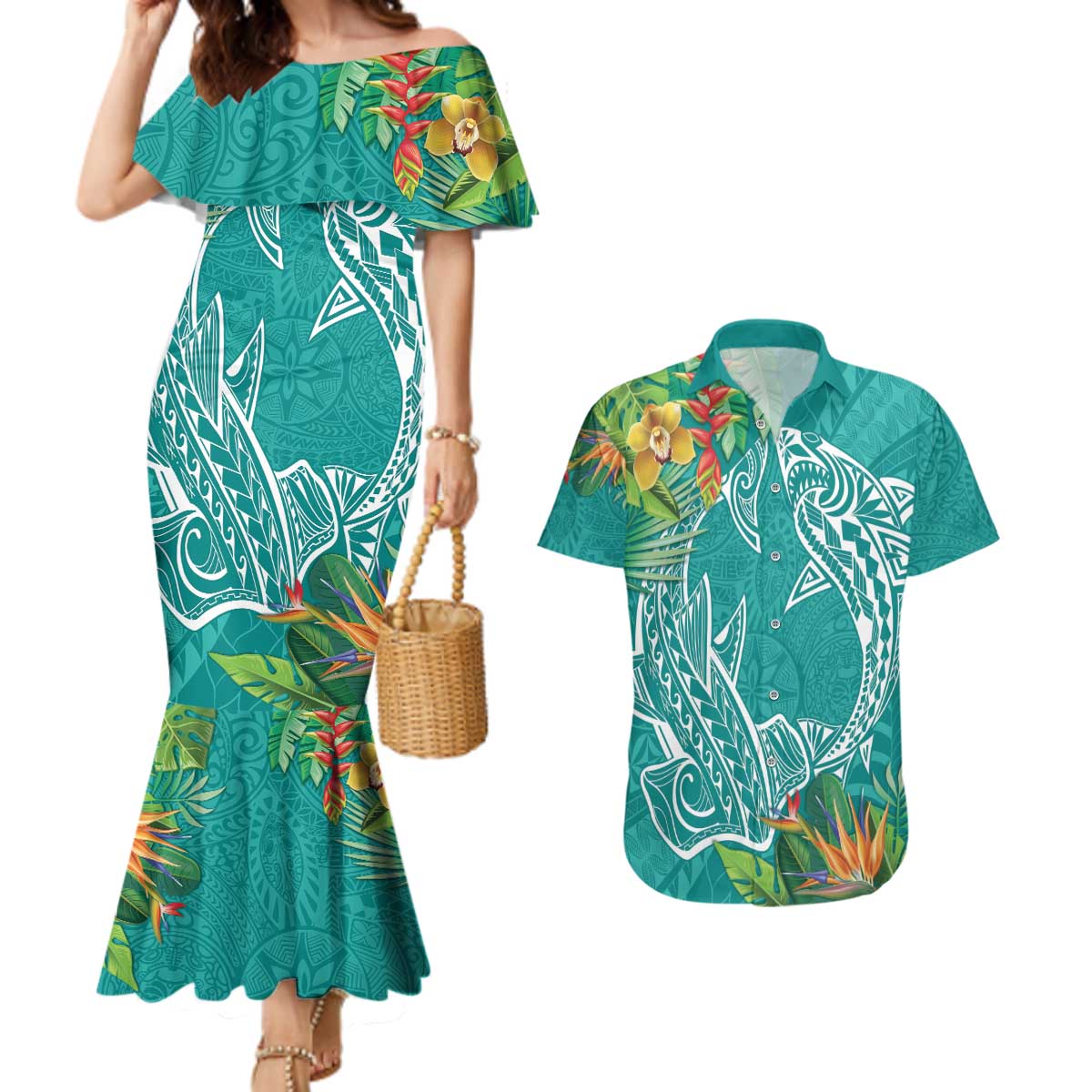 Polynesia Couples Matching Mermaid Dress and Hawaiian Shirt Sharks Duo Tropical Teal