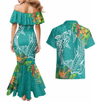 Polynesia Couples Matching Mermaid Dress and Hawaiian Shirt Sharks Duo Tropical Teal