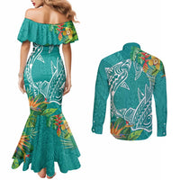 Polynesia Couples Matching Mermaid Dress and Long Sleeve Button Shirt Sharks Duo Tropical Teal LT7 - Polynesian Pride
