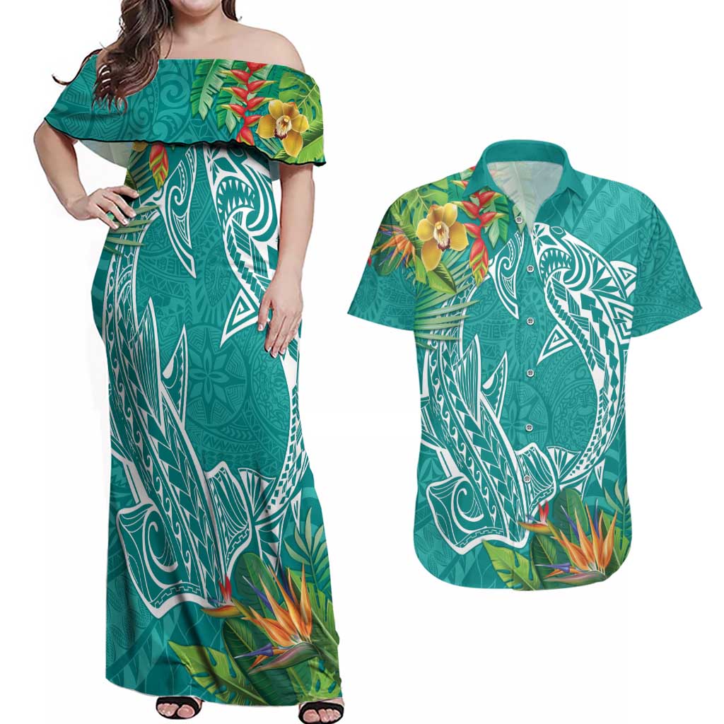 Polynesia Couples Matching Off Shoulder Maxi Dress and Hawaiian Shirt Sharks Duo Tropical Teal