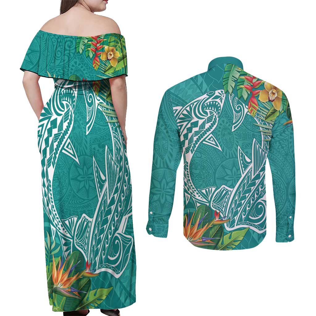 Polynesia Couples Matching Off Shoulder Maxi Dress and Long Sleeve Button Shirt Sharks Duo Tropical Teal LT7 - Polynesian Pride