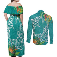 Polynesia Couples Matching Off Shoulder Maxi Dress and Long Sleeve Button Shirt Sharks Duo Tropical Teal LT7 - Polynesian Pride