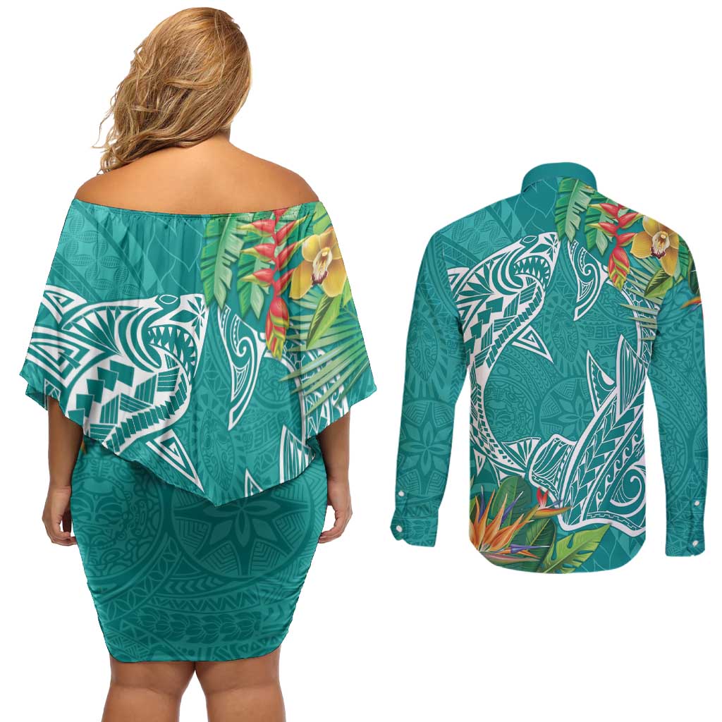 Polynesia Couples Matching Off Shoulder Short Dress and Long Sleeve Button Shirt Sharks Duo Tropical Teal LT7 - Polynesian Pride