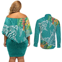 Polynesia Couples Matching Off Shoulder Short Dress and Long Sleeve Button Shirt Sharks Duo Tropical Teal LT7 - Polynesian Pride