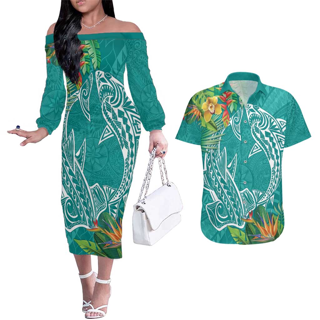 Polynesia Couples Matching Off The Shoulder Long Sleeve Dress and Hawaiian Shirt Sharks Duo Tropical Teal LT7 Teal - Polynesian Pride