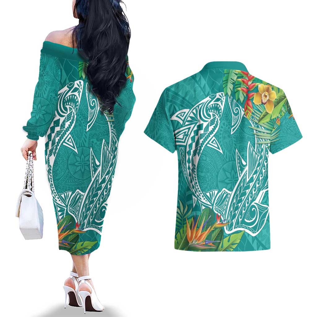 Polynesia Couples Matching Off The Shoulder Long Sleeve Dress and Hawaiian Shirt Sharks Duo Tropical Teal LT7 - Polynesian Pride