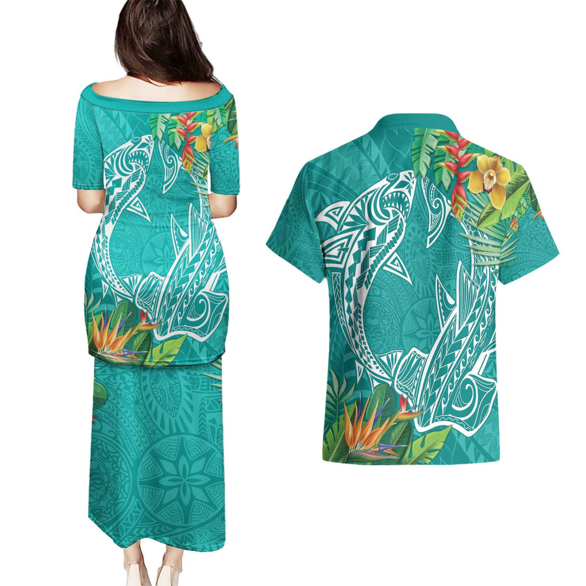 Polynesia Couples Matching Puletasi and Hawaiian Shirt Sharks Duo Tropical Teal LT7 - Polynesian Pride