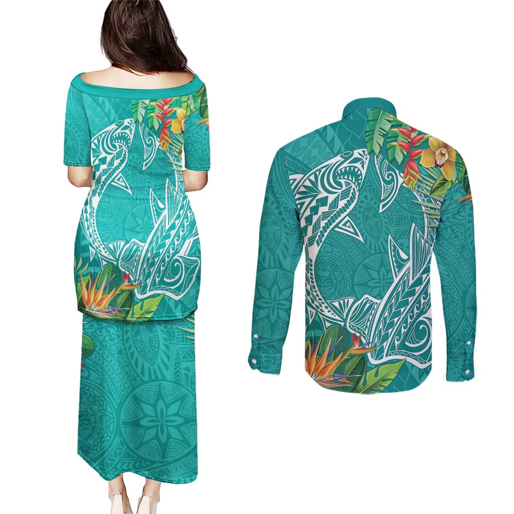 Polynesia Couples Matching Puletasi and Long Sleeve Button Shirt Sharks Duo Tropical Teal LT7 - Polynesian Pride