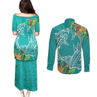 Polynesia Couples Matching Puletasi and Long Sleeve Button Shirt Sharks Duo Tropical Teal LT7 - Polynesian Pride