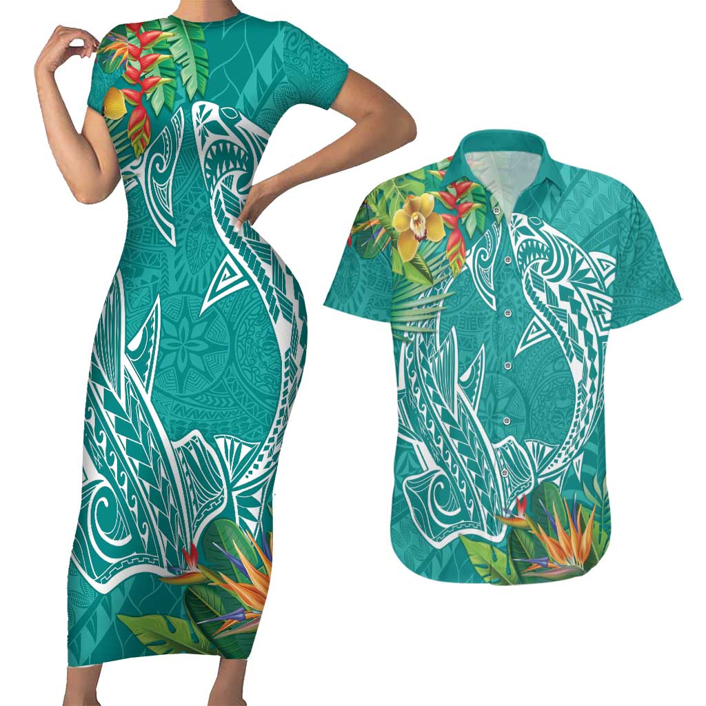 Polynesia Couples Matching Short Sleeve Bodycon Dress and Hawaiian Shirt Sharks Duo Tropical Teal LT7 Teal - Polynesian Pride