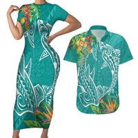 Polynesia Couples Matching Short Sleeve Bodycon Dress and Hawaiian Shirt Sharks Duo Tropical Teal LT7 Teal - Polynesian Pride