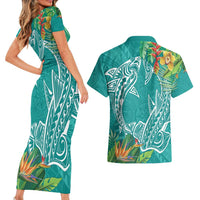 Polynesia Couples Matching Short Sleeve Bodycon Dress and Hawaiian Shirt Sharks Duo Tropical Teal LT7 - Polynesian Pride