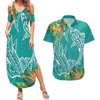 Polynesia Couples Matching Summer Maxi Dress and Hawaiian Shirt Sharks Duo Tropical Teal LT7 Teal - Polynesian Pride