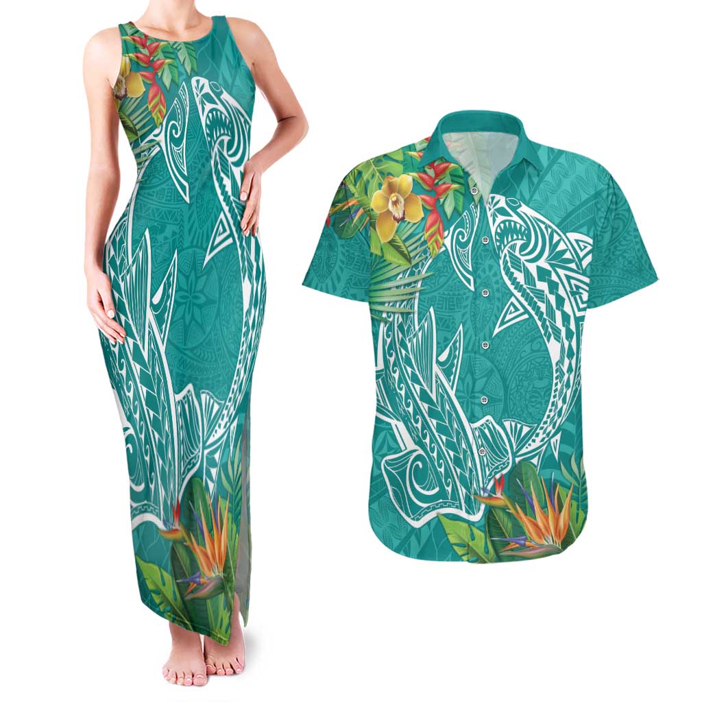 Polynesia Couples Matching Tank Maxi Dress and Hawaiian Shirt Sharks Duo Tropical Teal LT7 Teal - Polynesian Pride