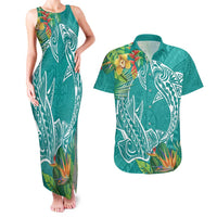 Polynesia Couples Matching Tank Maxi Dress and Hawaiian Shirt Sharks Duo Tropical Teal LT7 Teal - Polynesian Pride