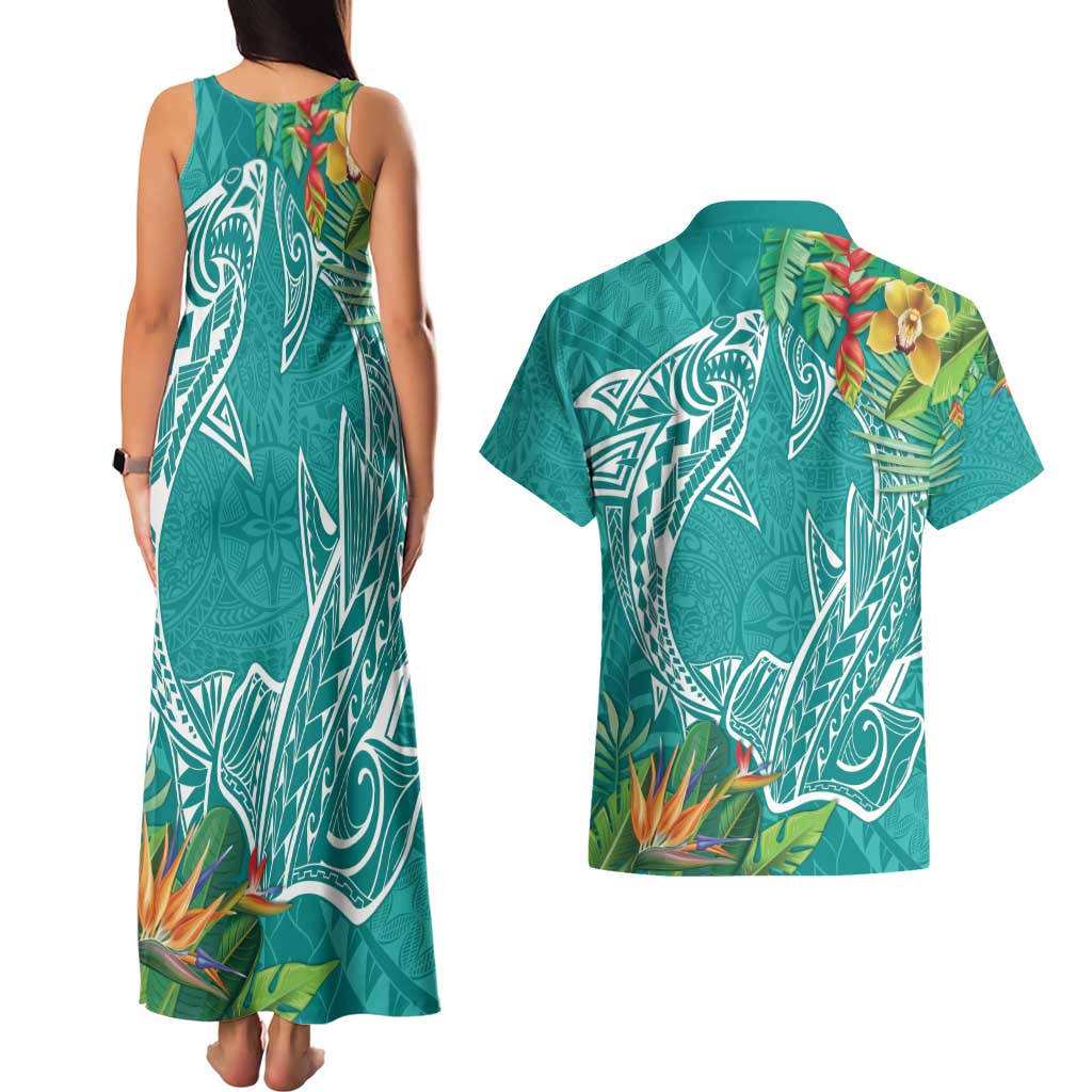 Polynesia Couples Matching Tank Maxi Dress and Hawaiian Shirt Sharks Duo Tropical Teal LT7 - Polynesian Pride