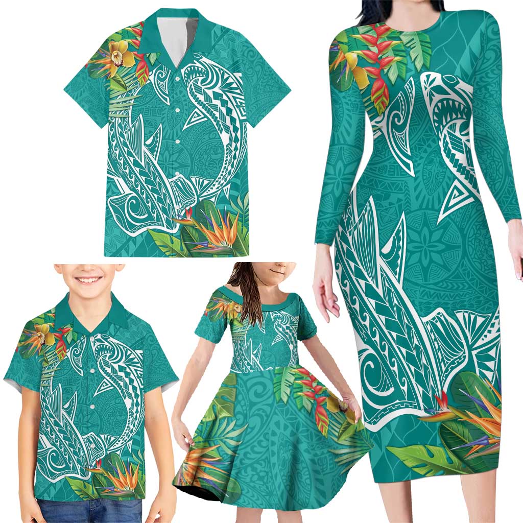 Polynesia Family Matching Long Sleeve Bodycon Dress and Hawaiian Shirt Sharks Duo Tropical Teal