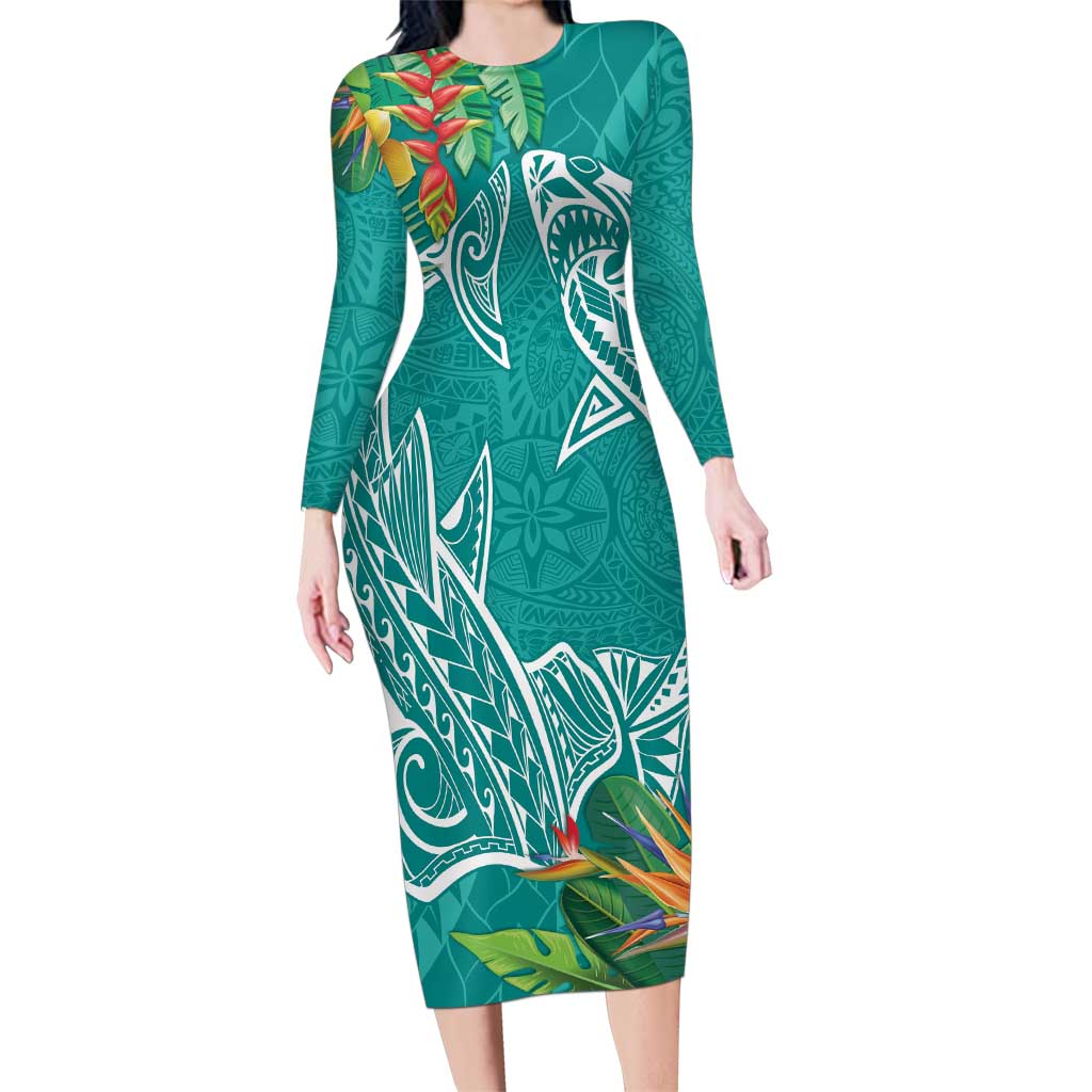 Polynesia Family Matching Long Sleeve Bodycon Dress and Hawaiian Shirt Sharks Duo Tropical Teal LT7 Mom's Dress Teal - Polynesian Pride
