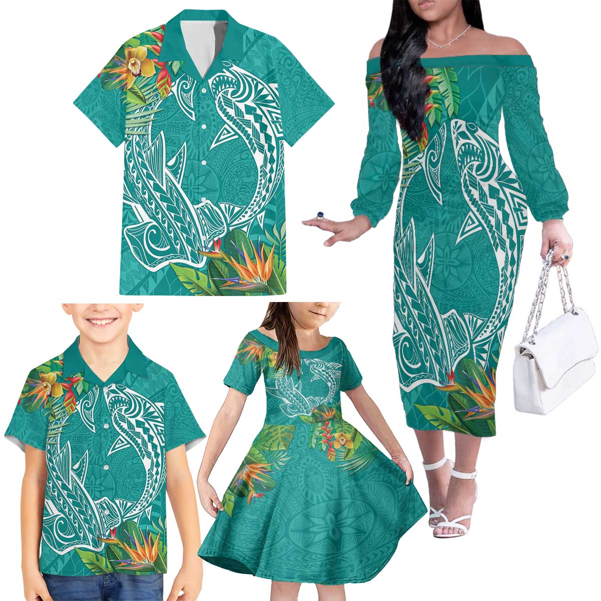 Polynesia Family Matching Off The Shoulder Long Sleeve Dress and Hawaiian Shirt Sharks Duo Tropical Teal