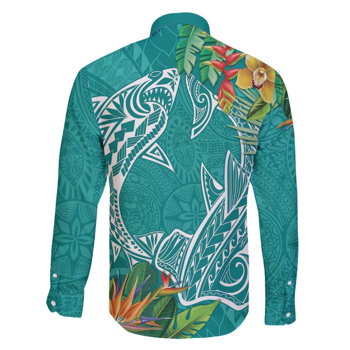 Polynesia Family Matching Off The Shoulder Long Sleeve Dress and Hawaiian Shirt Sharks Duo Tropical Teal