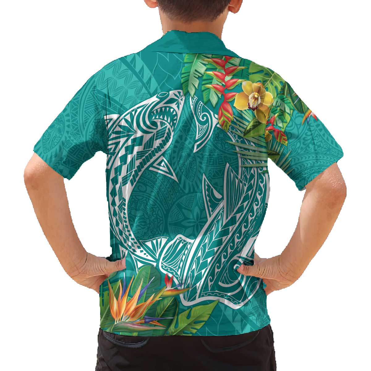 Polynesia Family Matching Off Shoulder Short Dress and Hawaiian Shirt Sharks Duo Tropical Teal LT7 - Polynesian Pride