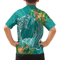 Polynesia Family Matching Off Shoulder Short Dress and Hawaiian Shirt Sharks Duo Tropical Teal LT7 - Polynesian Pride