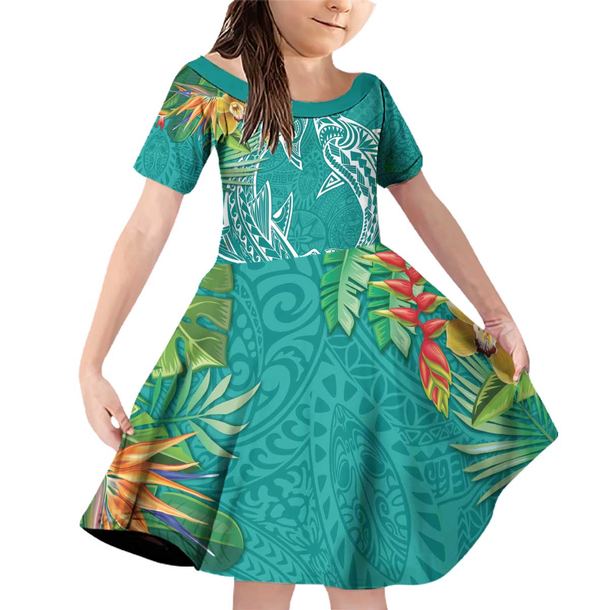 Polynesia Family Matching Off Shoulder Short Dress and Hawaiian Shirt Sharks Duo Tropical Teal LT7 Daughter's Dress Teal - Polynesian Pride