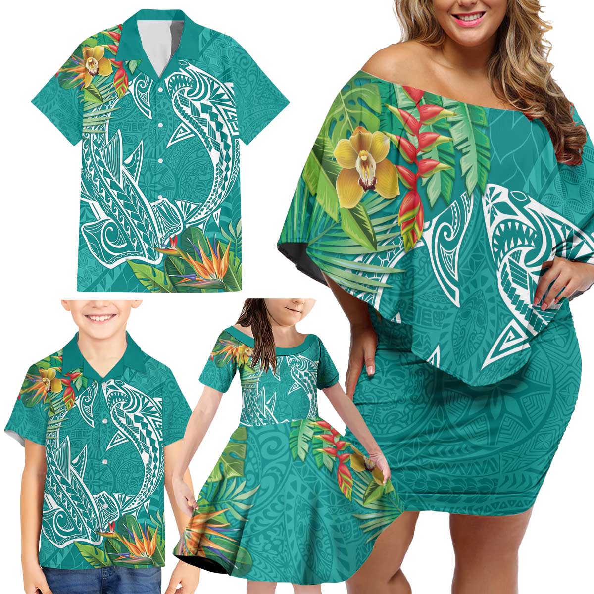 Polynesia Family Matching Off Shoulder Short Dress and Hawaiian Shirt Sharks Duo Tropical Teal