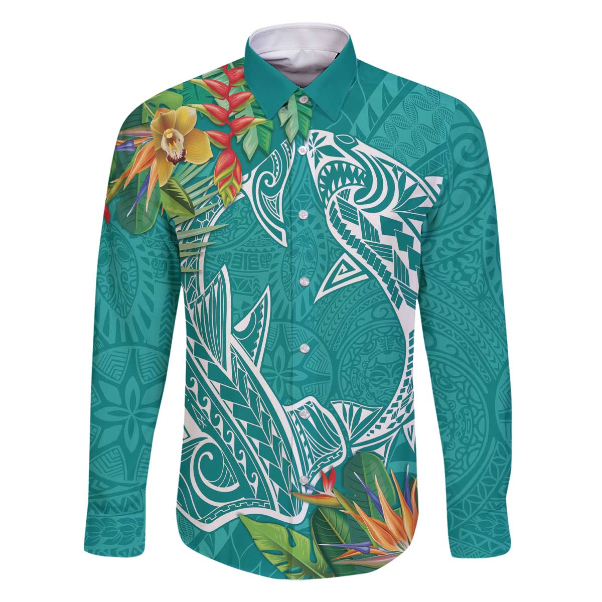 Polynesia Family Matching Off Shoulder Short Dress and Hawaiian Shirt Sharks Duo Tropical Teal LT7 Dad's Shirt - Long Sleeve Teal - Polynesian Pride