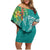 Polynesia Family Matching Off Shoulder Short Dress and Hawaiian Shirt Sharks Duo Tropical Teal