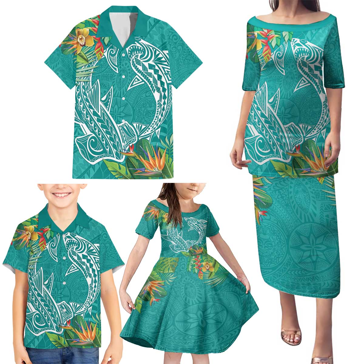 Polynesia Family Matching Puletasi and Hawaiian Shirt Sharks Duo Tropical Teal