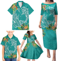 Polynesia Family Matching Puletasi and Hawaiian Shirt Sharks Duo Tropical Teal LT7 - Polynesian Pride