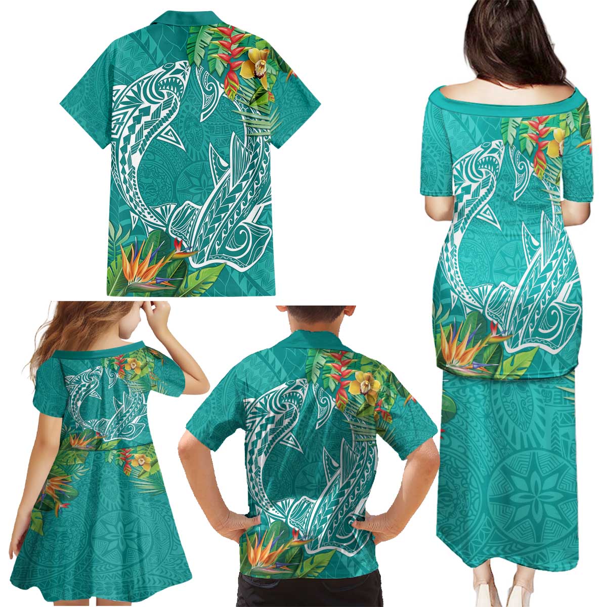 Polynesia Family Matching Puletasi and Hawaiian Shirt Sharks Duo Tropical Teal LT7 - Polynesian Pride