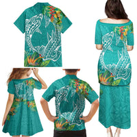 Polynesia Family Matching Puletasi and Hawaiian Shirt Sharks Duo Tropical Teal LT7 - Polynesian Pride