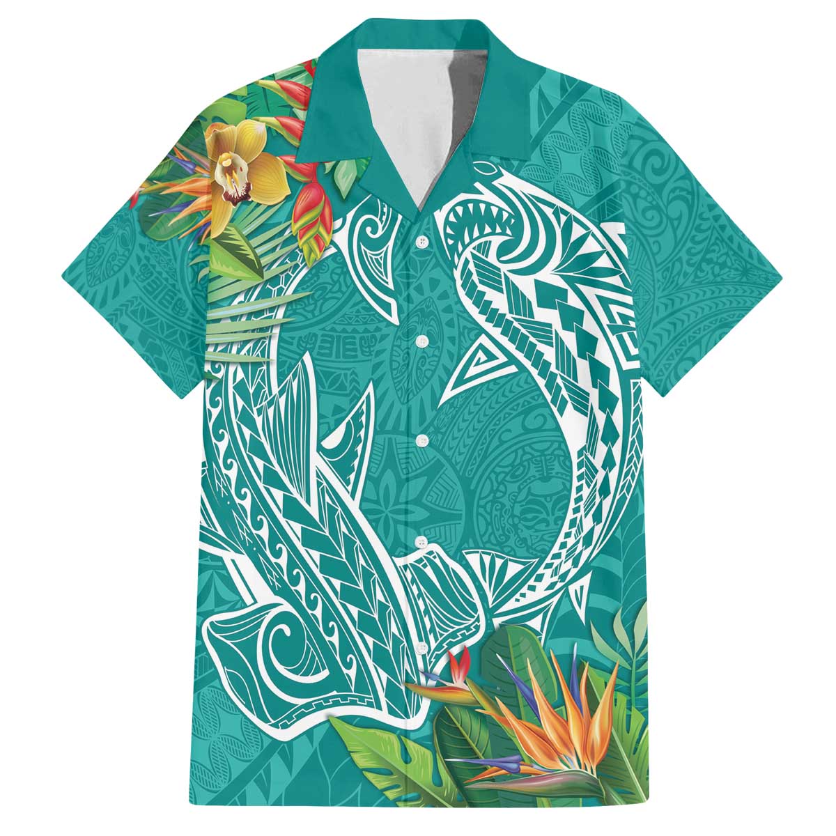 Polynesia Family Matching Puletasi and Hawaiian Shirt Sharks Duo Tropical Teal LT7 Dad's Shirt - Short Sleeve Teal - Polynesian Pride