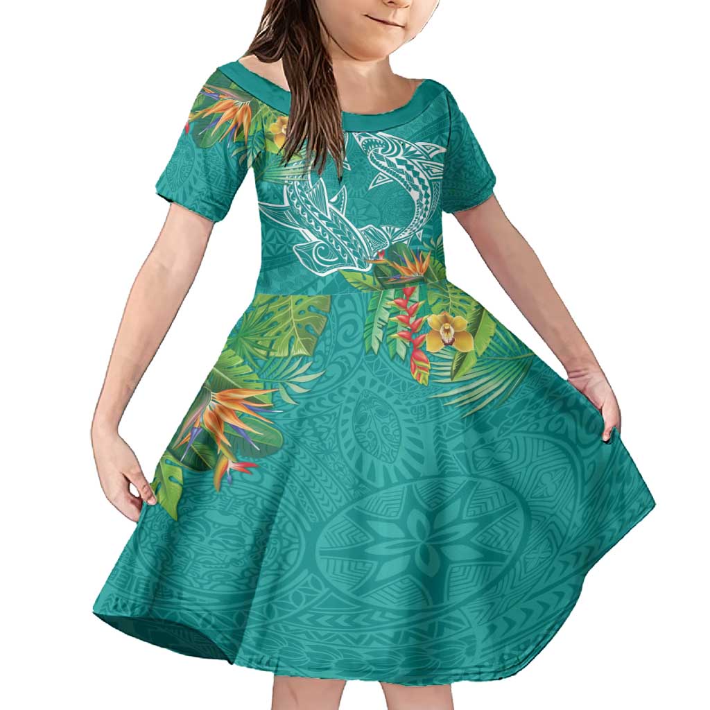 Polynesia Family Matching Summer Maxi Dress and Hawaiian Shirt Sharks Duo Tropical Teal LT7 Daughter's Dress Teal - Polynesian Pride