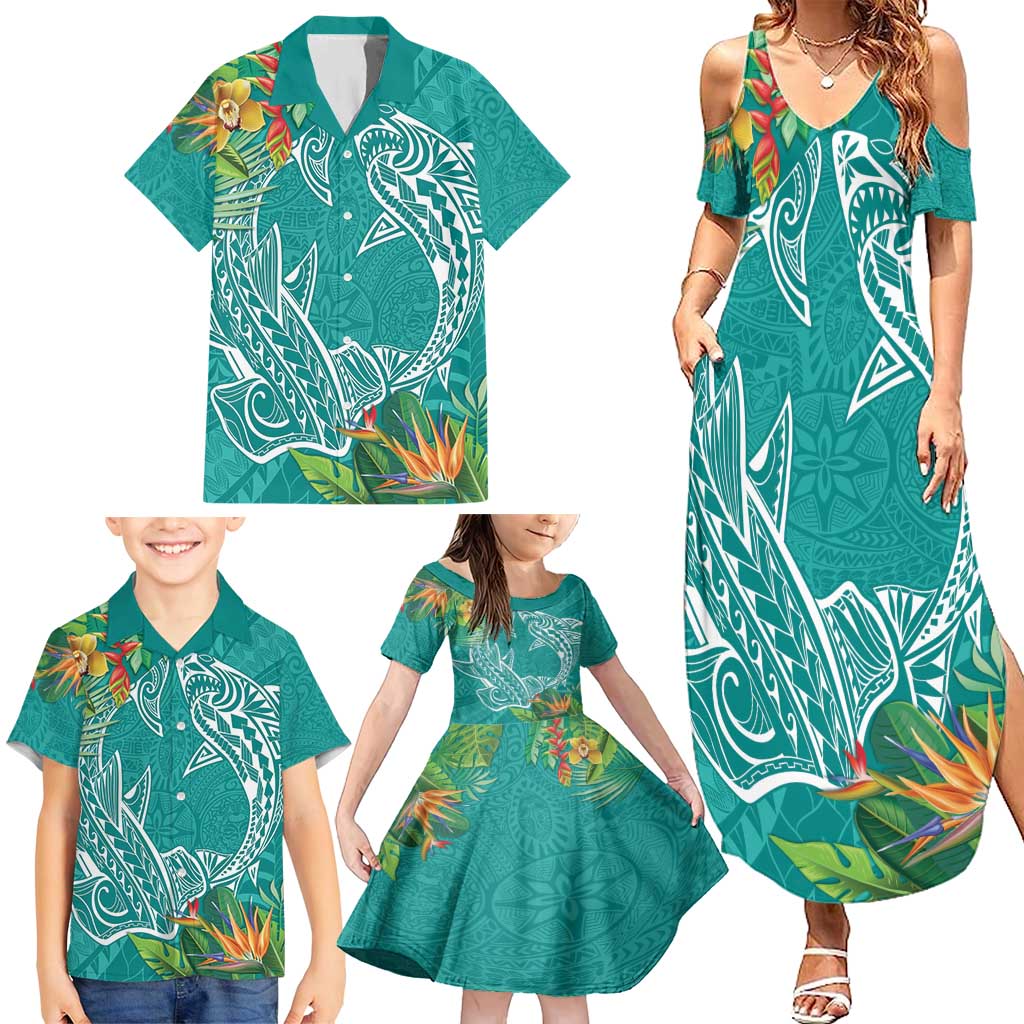 Polynesia Family Matching Summer Maxi Dress and Hawaiian Shirt Sharks Duo Tropical Teal LT7 - Polynesian Pride