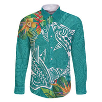 Polynesia Family Matching Summer Maxi Dress and Hawaiian Shirt Sharks Duo Tropical Teal LT7 Dad's Shirt - Long Sleeve Teal - Polynesian Pride
