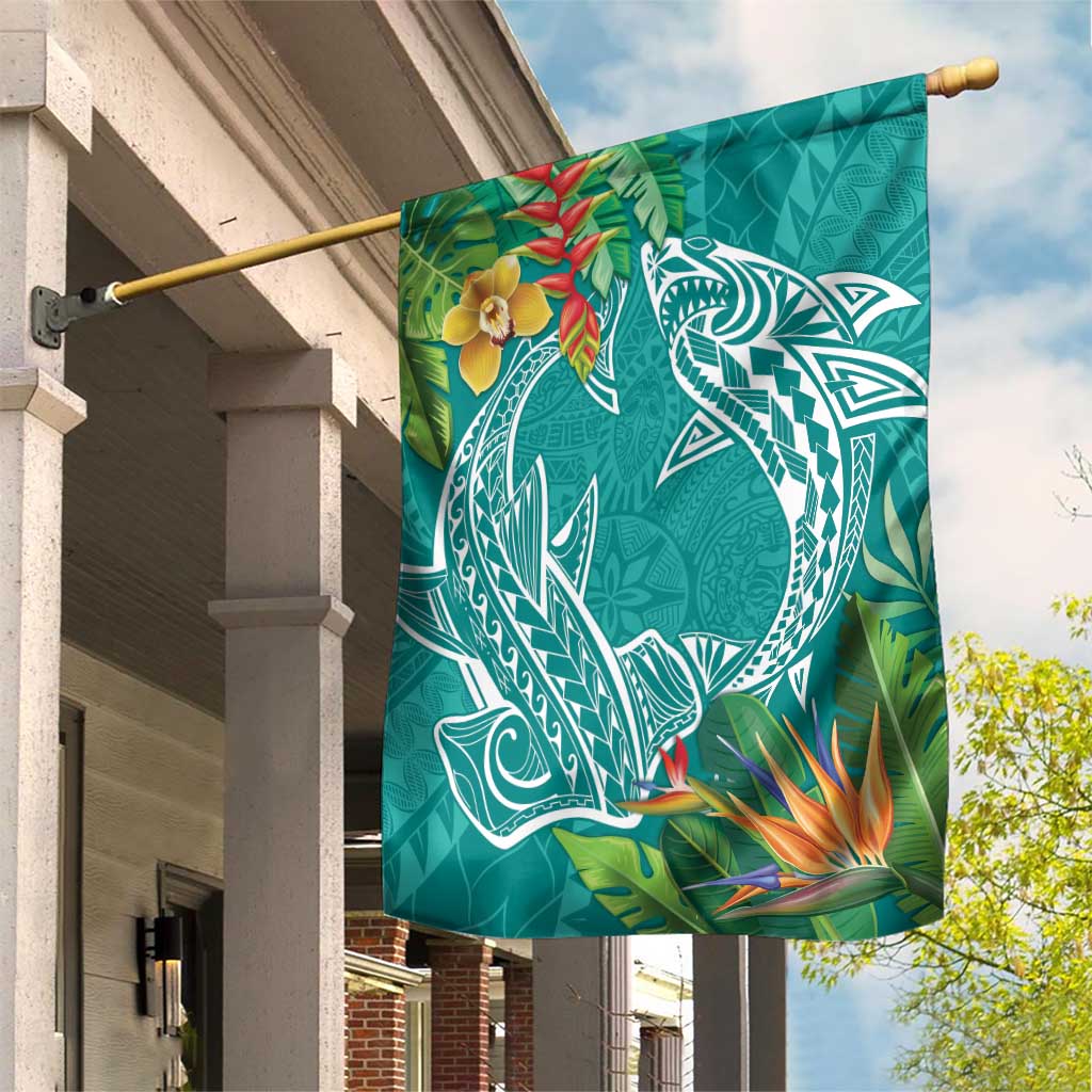 Polynesia Garden Flag Sharks Duo Tropical Teal LT7 House Flag Teal - Polynesian Pride