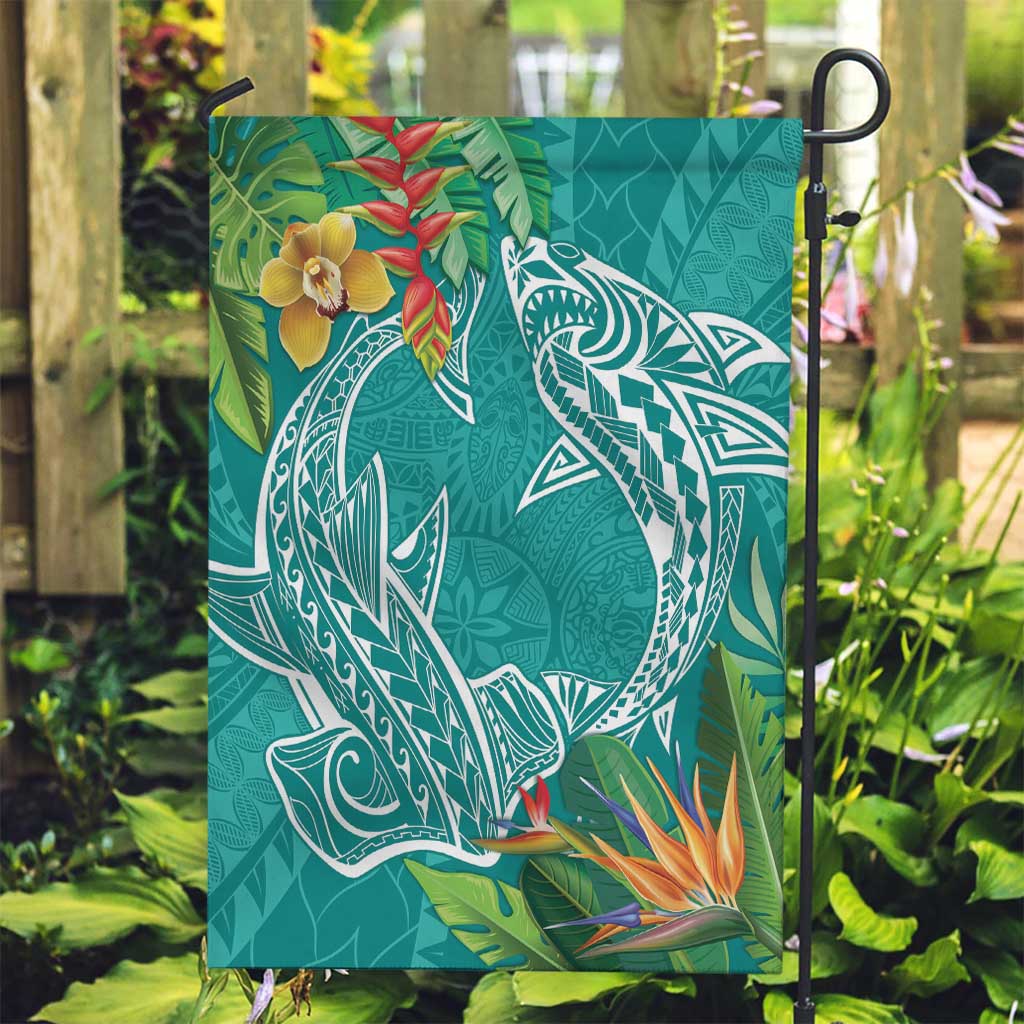 Polynesia Garden Flag Sharks Duo Tropical Teal LT7 Garden Flag Teal - Polynesian Pride