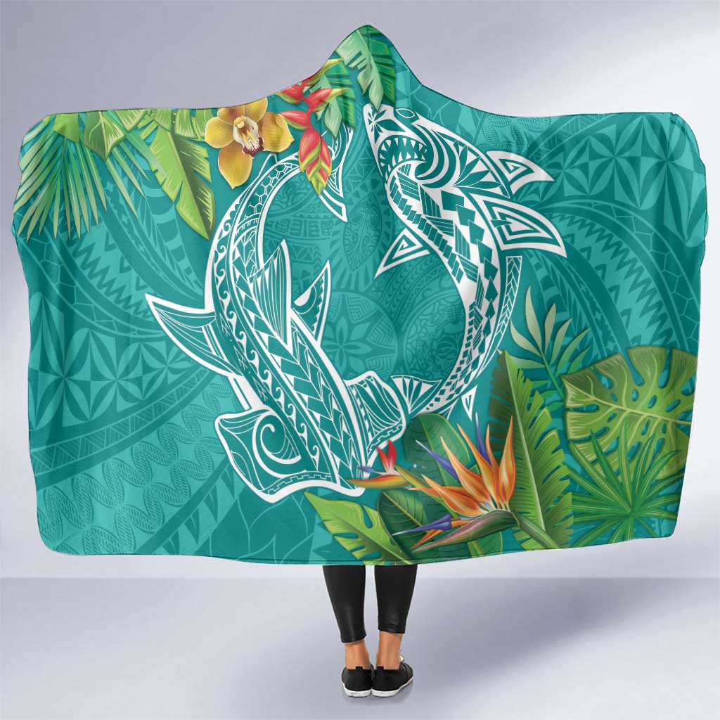 Polynesia Hooded Blanket Sharks Duo Tropical Teal LT7 One Size Teal - Polynesian Pride